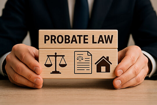 Wooden blocks represent Probate Law for the concept of law and justice.