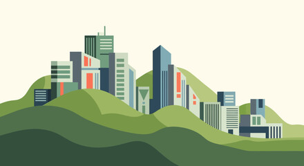 Modern Cityscape on Rolling Green Hills.