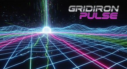 A futuristic digital landscape featuring a glowing sphere emitting a vibrant light beam over a neon grid, with abstract lines and undulating terrain.
