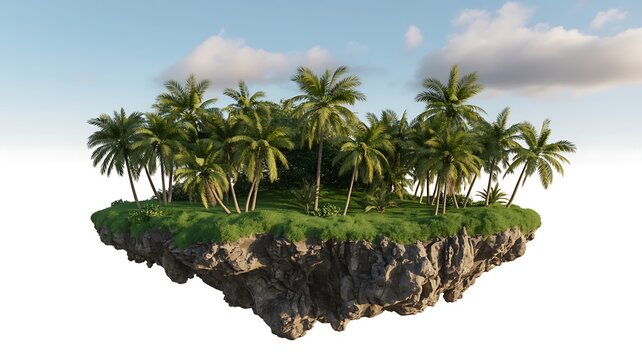 Floating tropical island with lush green grass and palm trees