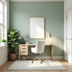 AI Generative. Minimalist Home Office Interior with Sage Green Wall and Blank Vertical Frame Mockup. 1