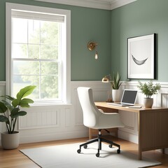 AI Generative. Minimalist Home Office Interior with Sage Green Wall and Blank Vertical Frame Mockup. 2