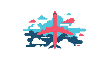 Red passenger airplane flying through a stylized cloudy sky illustration.