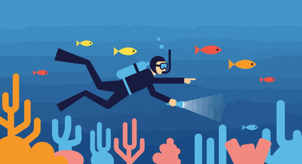 Scuba Diver Exploring Underwater Coral Reef with Flashlight and Fish.
