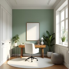 AI Generative. Minimalist Home Office Interior with Sage Green Wall and Blank Vertical Frame Mockup. 4