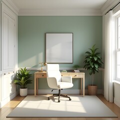 AI Generative. Minimalist Home Office Interior with Sage Green Wall and Blank Vertical Frame Mockup. 3