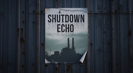 A poster with "SHUTDOWN ECHO" text and a silhouette of an industrial power plant with smokestacks against a dark sky, attached to a corrugated metal wall.