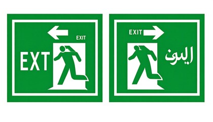 Two emergency exit signs, one featuring English text and arrow, and the other with Arabic text, on a green background. Both depict running man