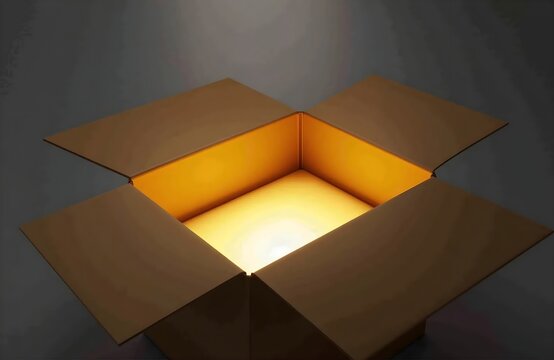 Cardboard box opening with golden glow, unboxing excitement.	