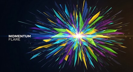 Vibrant abstract burst of sharp, colorful geometric shards emanating from a bright central light against a dark background.