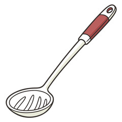 Illustration of a beige slotted spoon with a red handle kitchenware