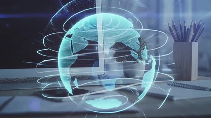 Digital globe with network lines surrounds a laptop and plant - Powered by Adobe