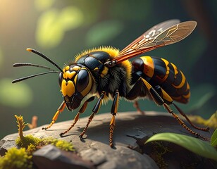 A close-up, detailed shot of a vibrant yellow and black striped insect with large compound eyes, perched on a rock amidst blurred greenery
