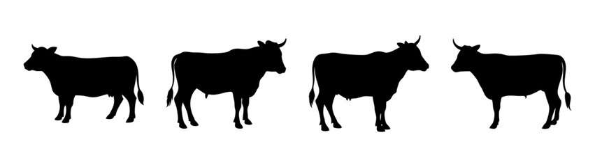 Silhouette of four cows standing in a row vector illustration farm animals livestock cattle design