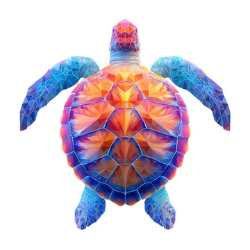 Vibrant bioluminescent sea turtle with colorful shell and flippers against dark backdrop isolated on transparent background
