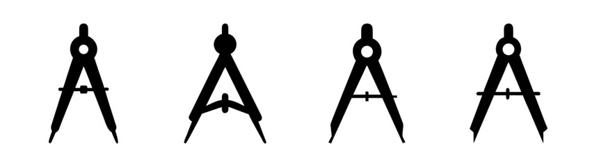 Four black drawing compasses for geometry and technical drawing design illustration equipment tool set