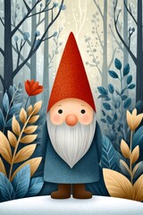 Whimsical garden gnome standing in winter forest