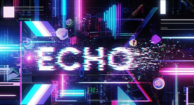 ECHO text with a digital glitch effect surrounded by vibrant neon geometric shapes and abstract technological patterns.