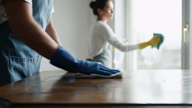 Dedicated individuals meticulously perform household cleaning tasks, wiping a wooden table and polishing a window to ensure a spotless and well-maintained living environment
