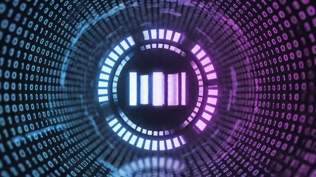 Abstract digital data tunnel with glowing symbol and binary code