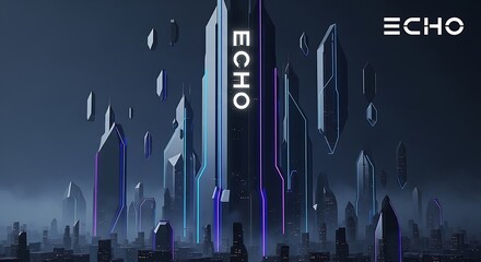 A futuristic cityscape with tall, glowing crystalline structures and the word 'ECHO' prominently displayed, set against a dark, misty background with neon accents.