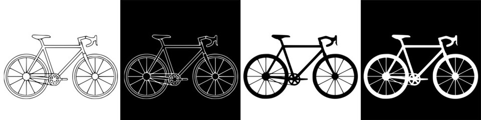 Four bicycle illustrations in different color schemes, showcasing various design elements.