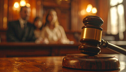 Wooden judge gavel on table, blurred family in courtroom. Child custody, law and justice.