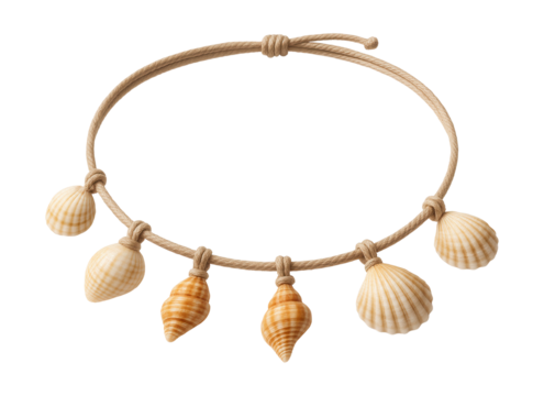 Seashell charm anklet on natural cord for a beach-inspired look.