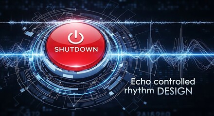 A futuristic red shutdown button with a power symbol surrounded by blue digital sound waves and circuit patterns, illustrating echo-controlled rhythm design.
