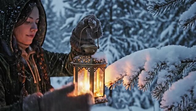 winter solstice mysterious woman explores snowy woods with lantern