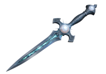 A detailed rendering of a magnificent, ornate blade, featuring shimmering teal accents and luminous pearly inlays.