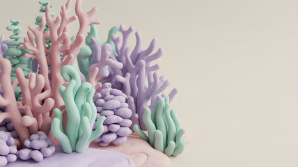 Pastel Coral Reef Abstract Illustration, 3D Rendered Scene with Pink, Purple, and Mint Green Corals on Beige Background, Underwater Marine