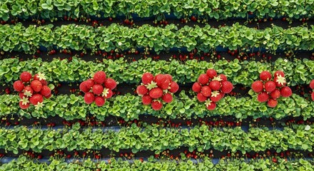 Aerial view of strawberry field with ripe strawberries