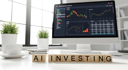 A computer screen displays stock market charts, with wooden blocks spelling "AI INVESTING" in the foreground, set in a bright office environment.