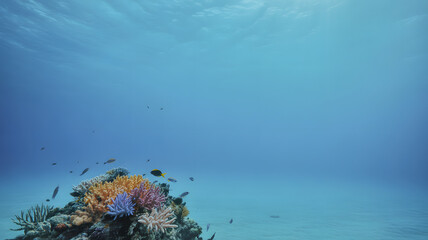 Underwater Scene with Colorful Coral Reef and Tropical Fish Swimming in Clear Blue Water, Ocean Floor with Sand and Sunlight, Marine Life