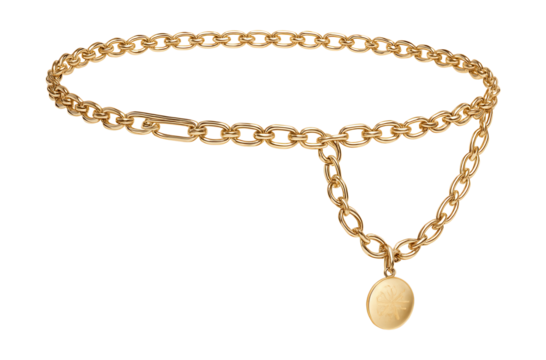 Elegant chain belt featuring a petite engraved disc charm.