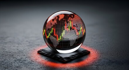A crystal globe displaying a world map and financial chart, resting on a dark stone with a red glowing ring.