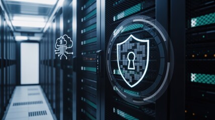 Fototapeta premium Data center security concept server room with shield icon overlay digital protection and cloud computing