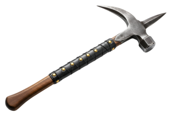 A sturdy, curved-head hammer with a dark leather-wrapped handle, showcasing a well-crafted, tool-like design against a stark black backdrop.