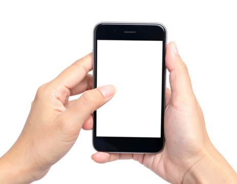A person's hands holding a black rectangular device with a blank white screen. A finger touches the display