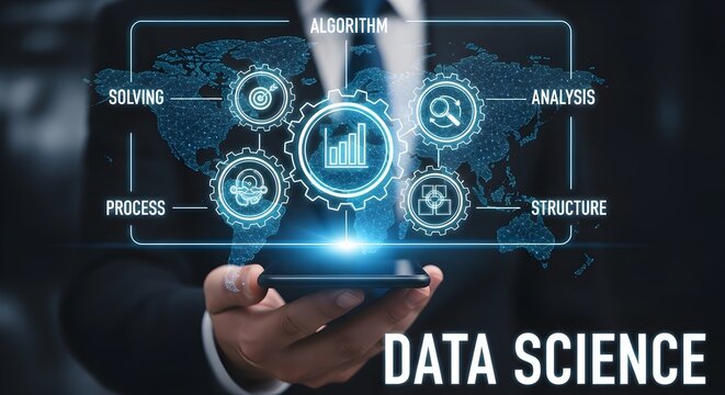 A man in a suit holds a phone displaying a data science graphic with algorithm, solving, analysis, process, and structure icons over a world map.