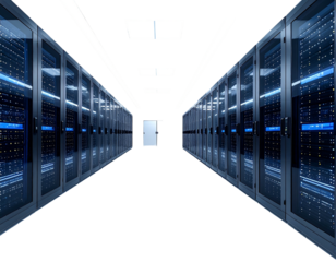 A perspective shot of a server room, with rows of enclosed servers along both walls, illuminated by overhead lights