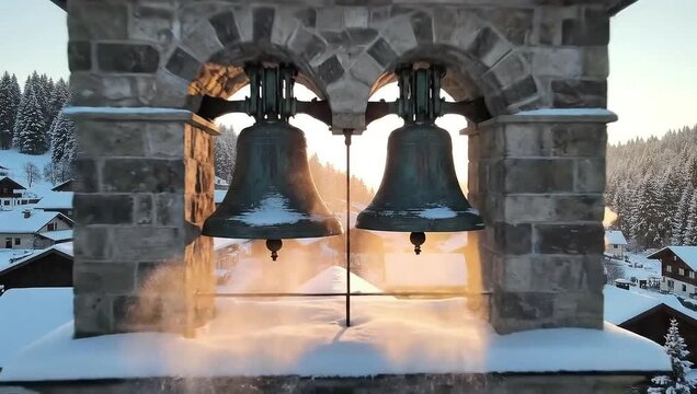 winter solstice snowy mountain village church bell tower sunrise