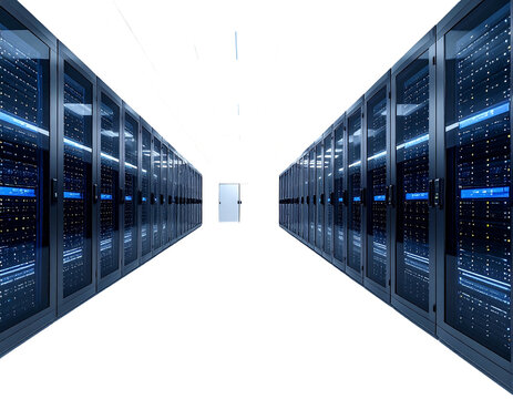A perspective shot of a server room, with rows of enclosed servers along both walls, illuminated by overhead lights