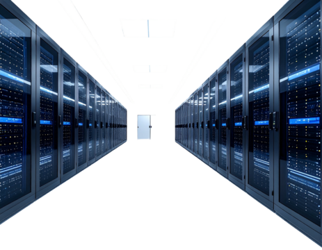 A perspective shot of a server room, with rows of enclosed servers along both walls, illuminated by overhead lights