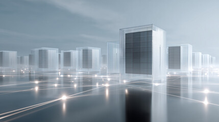 Minimal data center landscape with glasslike server towers and glowing network paths, cloud computing and storage infrastructure
