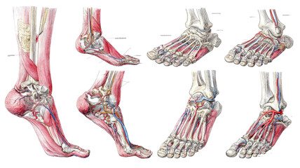 Title: Anatomical Drawing of the Human Foot from Multiple Angles on Clean White Background