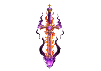 A magnificent, ornate sword blazes with vibrant purple and orange flames, encrusted with shimmering jewels against a dark background.