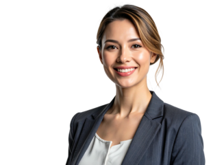 A professional, smiling woman poses against a black backdrop, wearing a business suit and white blouse. She has fair skin and light brown hair