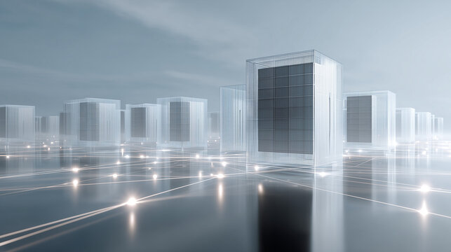 Minimal data center landscape with glasslike server towers and glowing network paths, cloud computing and storage infrastructure